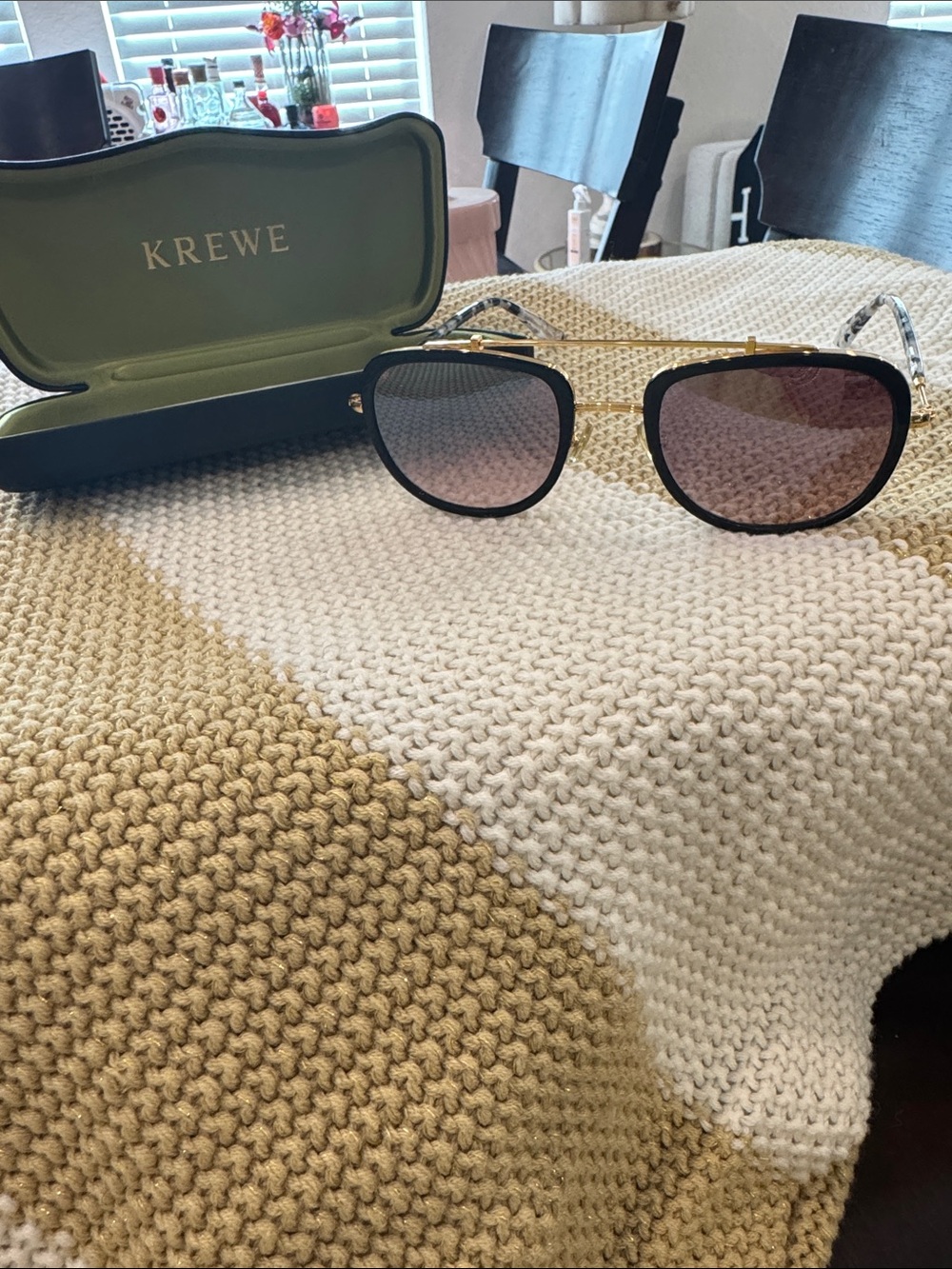 KREWE Black Acetate Sunglasses with Gold Metal Frame and Gradient Pink Lenses